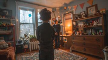 AI generated Boy Standing in Living Room Looking Out Window photo