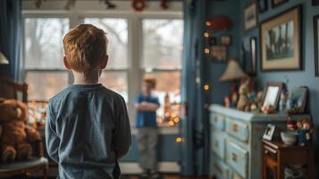 AI generated Boy Standing in Living Room Looking Out Window photo