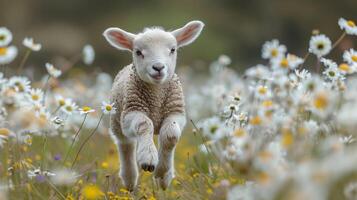 ai generado oveja corriendo mediante campo de flores silvestres foto