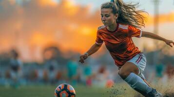 ai generado mujer pateando fútbol pelota en campo foto