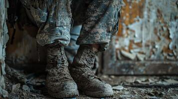 AI generated Soldier Leaning Against Wall With Backpack photo