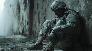 AI generated Soldier Leaning Against Wall With Backpack photo