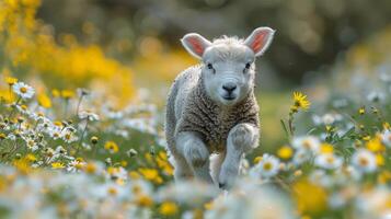 AI generated Sheep Running Through Field of Wildflowers photo