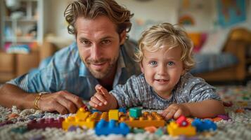 ai generado padre y hijo jugando con legos en el piso foto