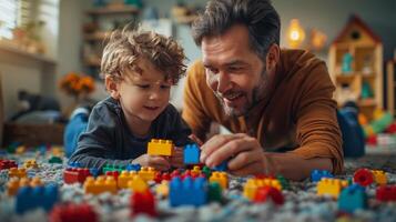 AI generated Father and Son Playing With Legos on the Floor photo