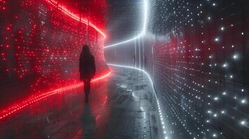 ai generado mujer caminando mediante túnel con vistoso luces foto