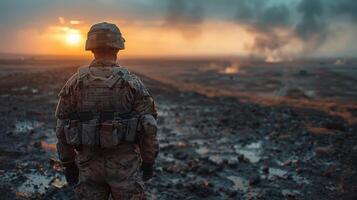 AI generated Soldier Stands Before Large Plume of Smoke photo
