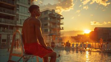 AI generated Man Sitting on Chair by Swimming Pool photo