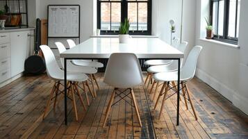 AI generated Dining Room Table With White Chairs and Black and White Rug photo