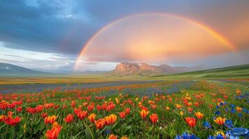 AI generated Field With Flowers and Rainbow in the Sky photo