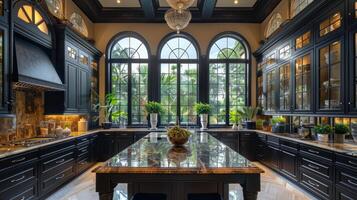 AI generated Spacious Kitchen With Black Cabinets and Marble Countertop photo