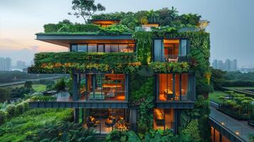 AI generated Towering Building Covered in Lush Green Plants photo