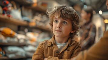 AI generated Young Boy Standing in Front of Counter With Woman and Man photo