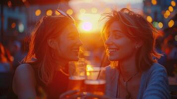 AI generated Two Women Sitting at a Table With a Glass of Beer photo