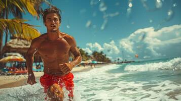 ai generado hombre corriendo en agua en playa foto