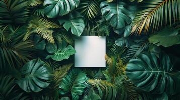 AI generated Picture Frame Surrounded by Tropical Leaves photo