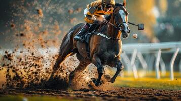 AI generated Man Riding Horse Through Muddy Field photo