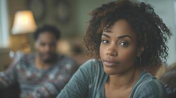 ai generado mujer sentado siguiente a hombre en un sofá foto