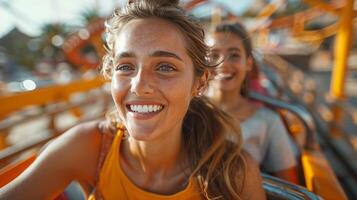 AI generated Girl Smiles Riding Roller Coaster photo