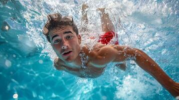 ai generado hombre nadando en piscina con rojo frisbee foto