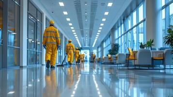 ai generado grupo de personas en amarillo trajes caminando abajo un pasillo foto