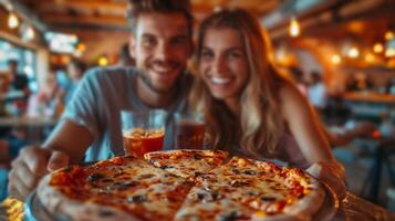 ai generado hombre y mujer sentado a mesa con Pizza foto