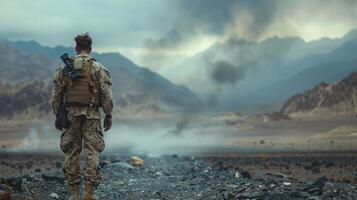 AI generated Soldier Stands Before Large Plume of Smoke photo