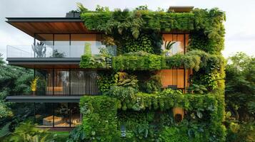 AI generated Towering Building Covered in Lush Green Plants photo