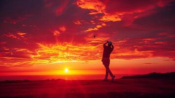 ai generado golfista silueta jugando golf a puesta de sol foto