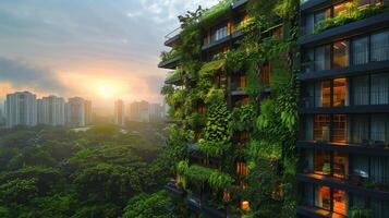 AI generated Towering Building Covered in Lush Green Plants photo