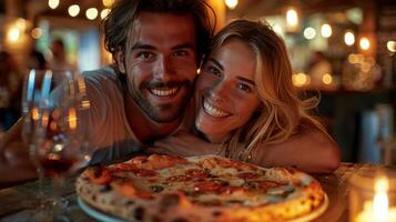 ai generado hombre y mujer abrazando en frente de Pizza foto