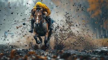 ai generado hombre montando caballo mediante lodoso campo foto