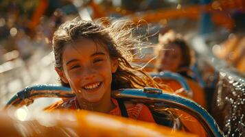 ai generado niña sonrisas montando rodillo portavasos foto