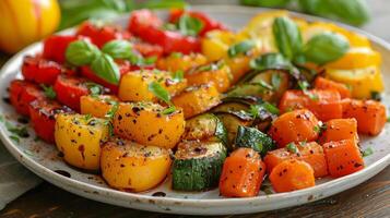 AI generated Plate of Grilled Vegetables on Table photo