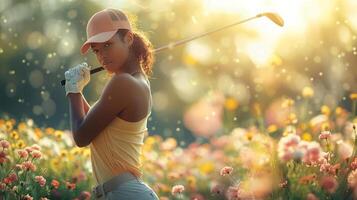 ai generado mujer jugando golf en campo de flores foto