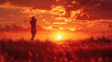 ai generado golfista silueta jugando golf a puesta de sol foto