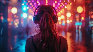 AI generated Woman With Headphones in Front of Crowd photo