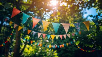 AI generated Colorful Flags Hanging From a Tree photo