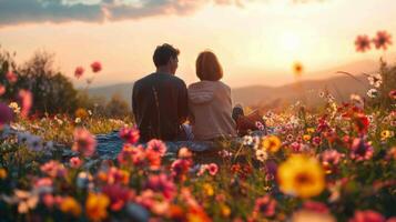 AI generated Man and Woman Sitting in Field of Flowers photo