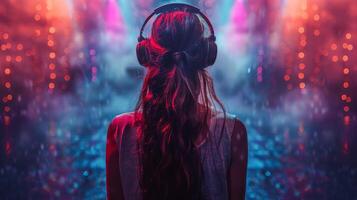 AI generated Woman With Headphones in Front of Crowd photo