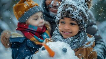 AI generated Woman and Child Playing With Snowman photo