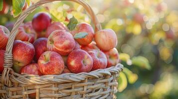 ai generado un cesta lleno con rojo manzanas foto