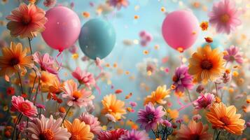AI generated Colorful Flowers and Balloons in a Field photo