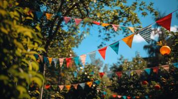 AI generated Colorful Flags Hanging From a Tree photo