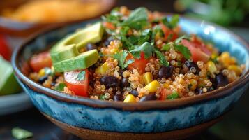 AI generated Bowl Filled With Rice, Black Beans, Corn, Avocado photo