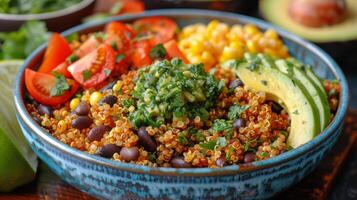 AI generated Bowl Filled With Rice, Black Beans, Corn, Avocado photo