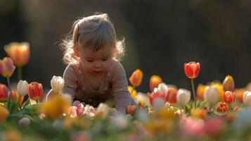 ai generado pequeño niña jugando en césped con flores foto