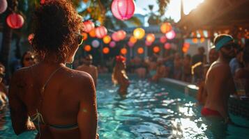 ai generado mujer en bikini en pie en piscina foto