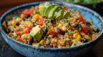 AI generated Bowl Filled With Rice, Black Beans, Corn, Avocado photo