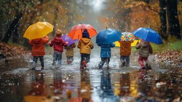 ai generado grupo de niños caminando con paraguas en lluvia foto